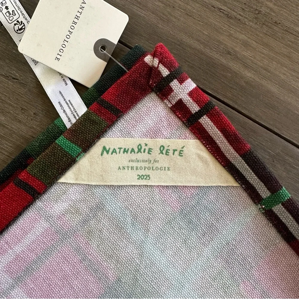 NWT Anthropologie Nathalie Lete Green Red Tartan Plaid Holiday Tea Dish Towel